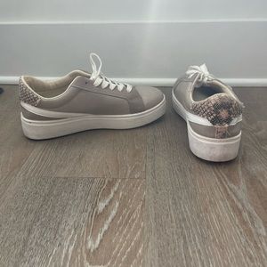 Beige sneakers with small snake print pattern, worn twice